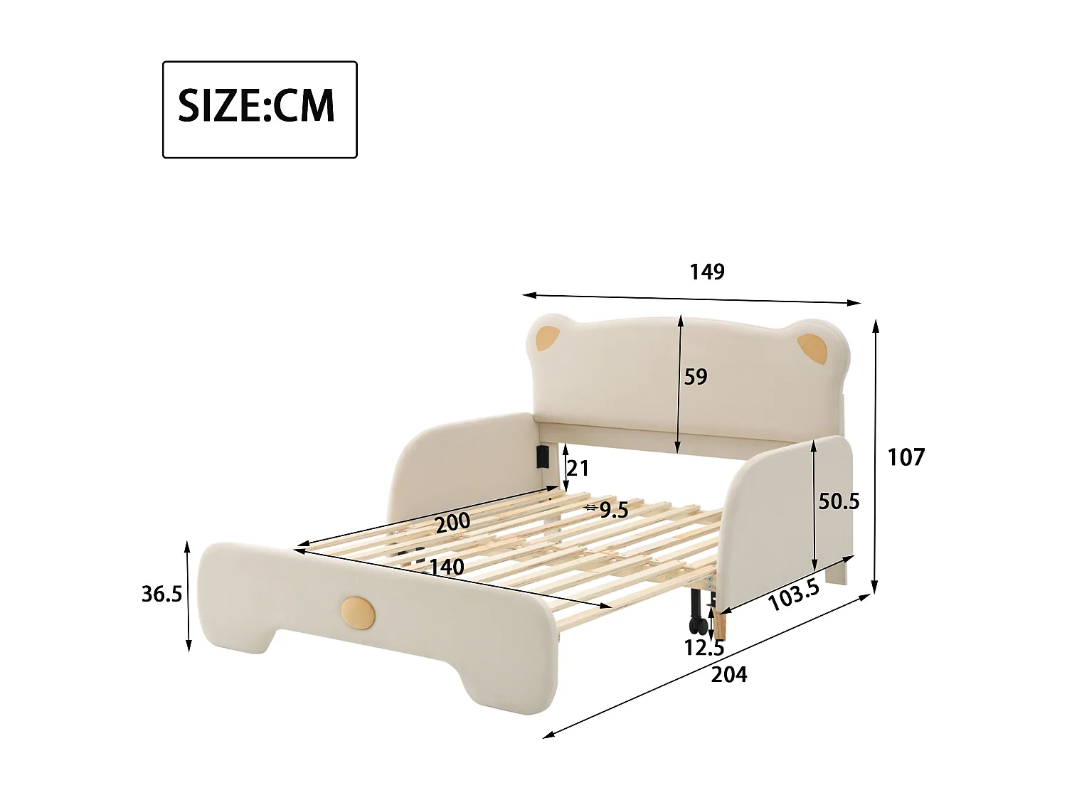 Lit double en forme d'ours avec tête de lit en nuage, lit pour enfants, avec tiroirs de rangement, 140x110 cm & 140x200 cm, en velours beige