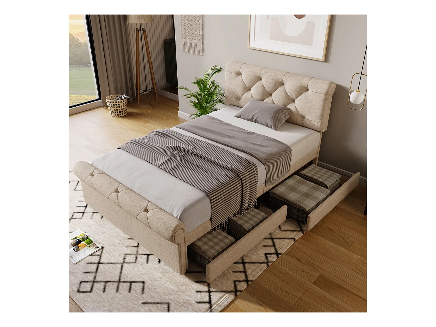 Lit simple tapissé 90x200cm, avec 2 tiroirs, tête réglable, style Chesterfield, métal et bois, naturel (225x98x110cm)