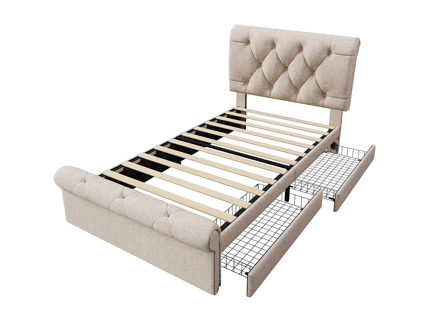 Lit simple tapissé 90x200cm, avec 2 tiroirs, tête réglable, style Chesterfield, métal et bois, naturel (225x98x110cm)