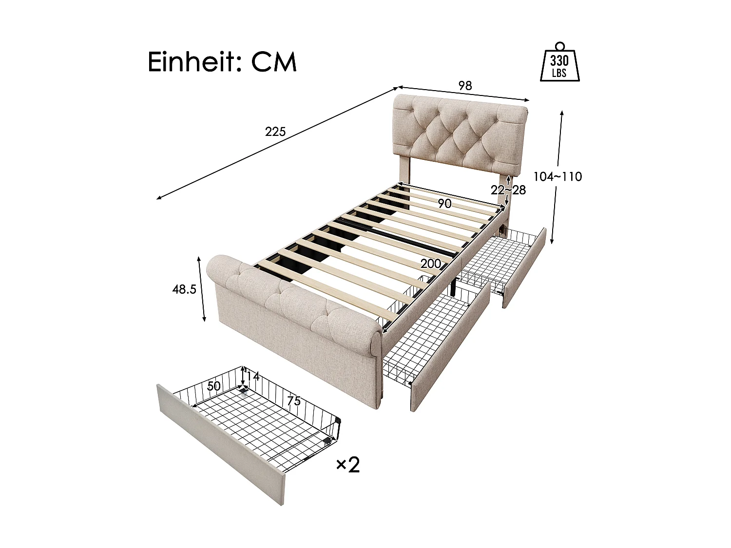 Letto singolo imbottito 90x200cm, con 2 cassetti, testiera regolabile, stile Chesterfield, metallo e legno, naturale (225x98x110cm)
