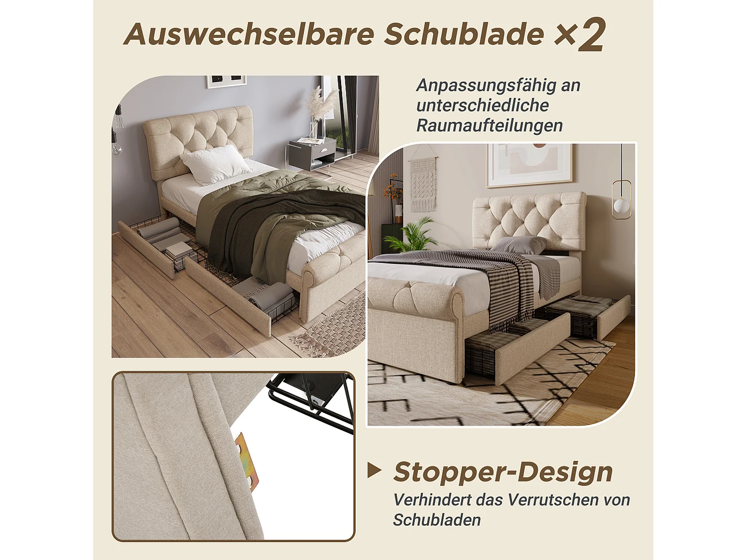 Letto singolo imbottito 90x200cm, con 2 cassetti, testiera regolabile, stile Chesterfield, metallo e legno, naturale (225x98x110cm)