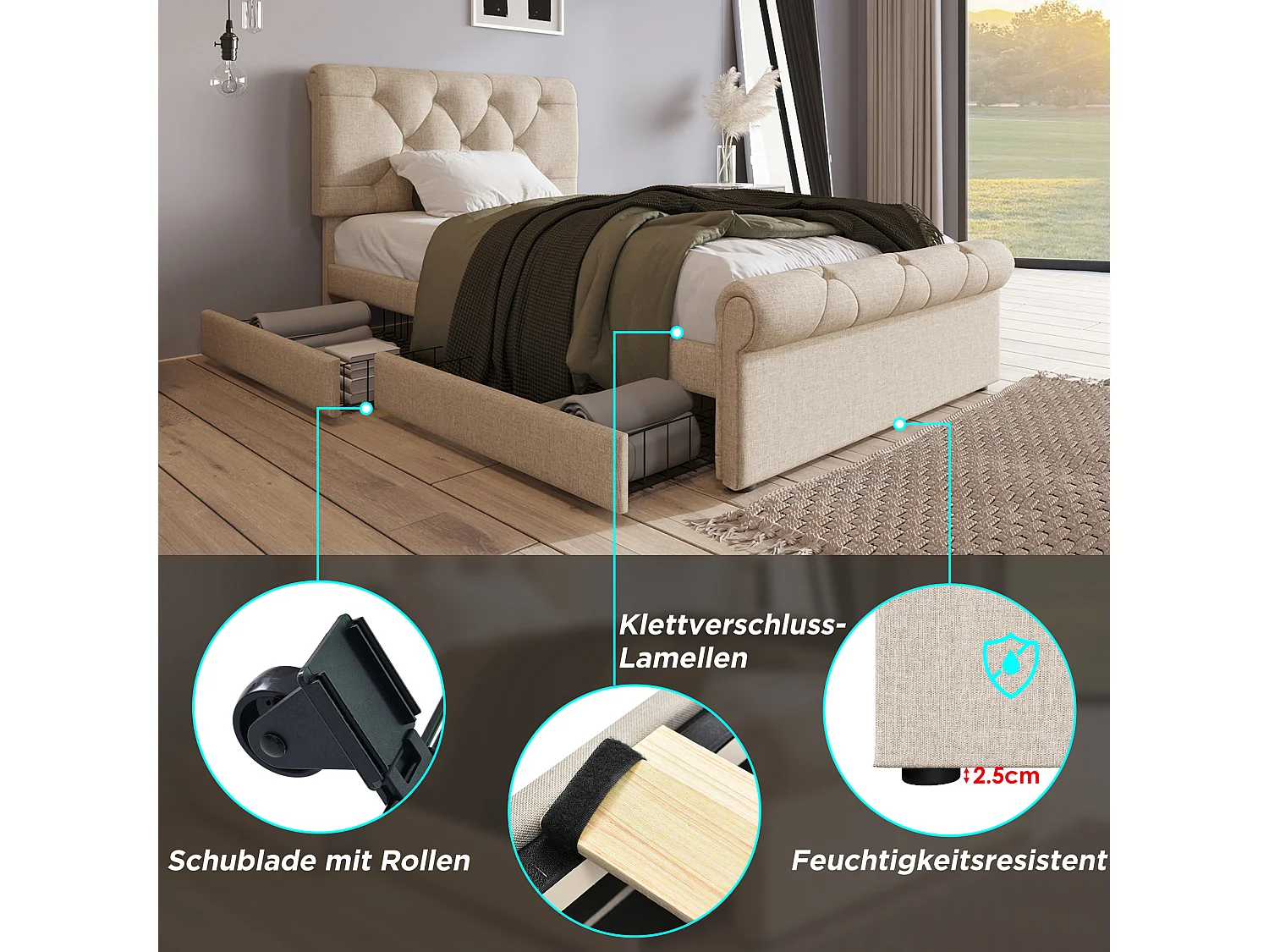 Letto singolo imbottito 90x200cm, con 2 cassetti, testiera regolabile, stile Chesterfield, metallo e legno, naturale (225x98x110cm)