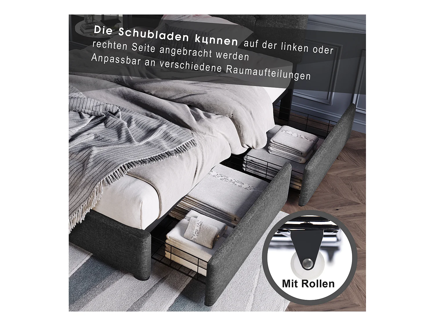 Lit avec LED et 2 tiroirs, lit simple 90x200 cm, tête de lit réglable, structure en bois et métal, lin gris (dimensions : 208x100.5x93.5 cm)