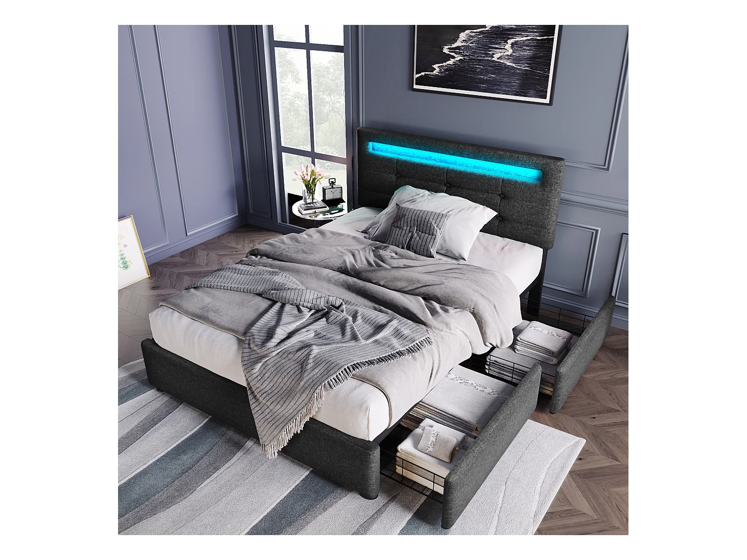 Bed met LED en 2 lades, eenpersoonsbed 90x200 cm, verstelbaar hoofdeinde, houten en metalen frame, grijs linnen (afmetingen: 208x100,5x93,5 cm)