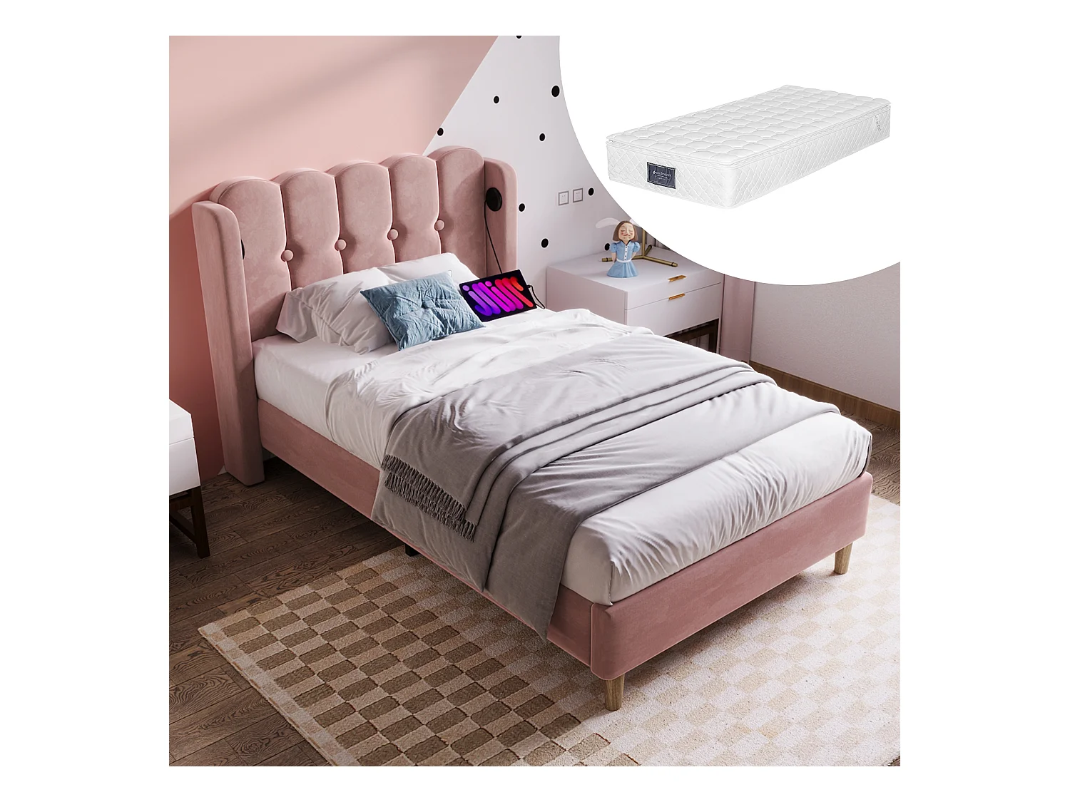 Letto singolo con funzione di ricarica USB Type C, struttura in velluto rosa, base in legno, 90x200 cm