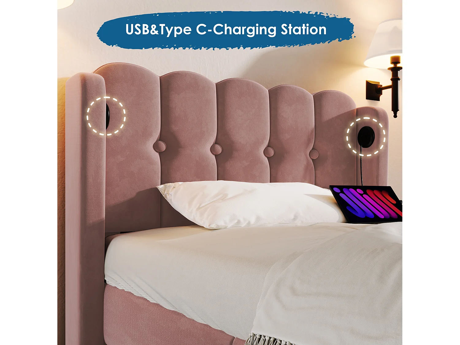 Lit simple avec fonction charge USB Type C, cadre en velours rose, sommier bois, 90x200cm