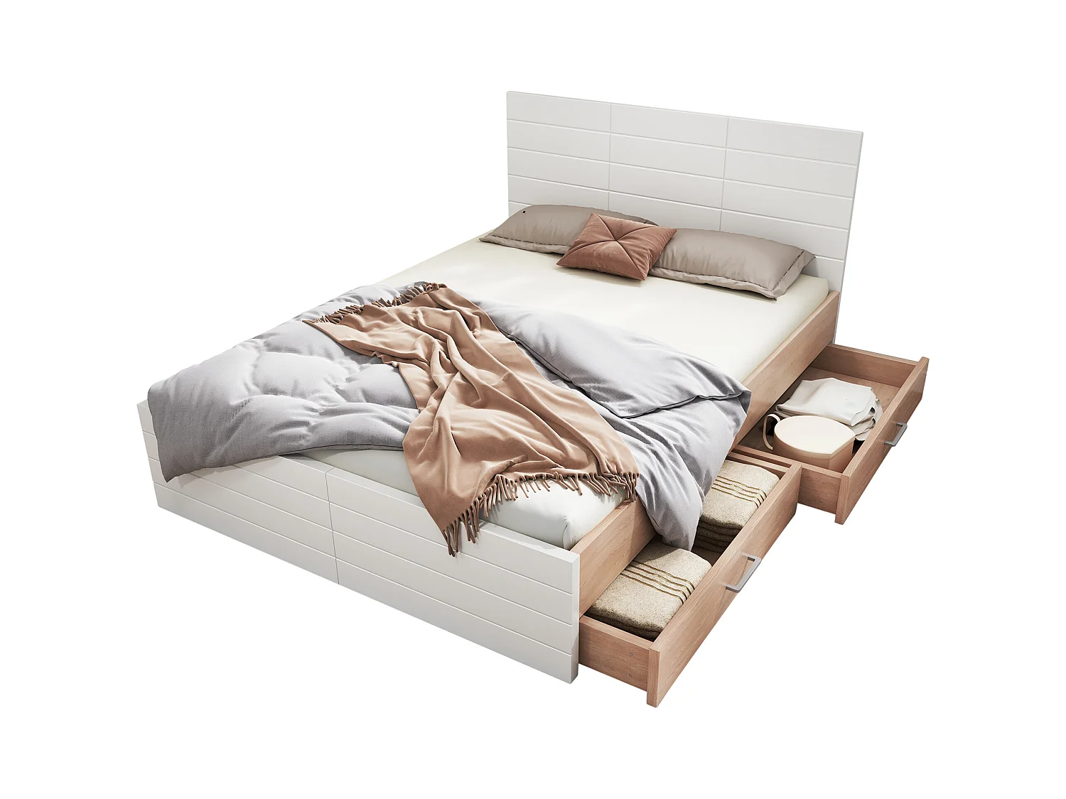 Lit 140x200 cm, 2 Tiroirs, Tête de Lit avec Lampe et USB, Bois Massif + MDF, Blanc + Chêne Clair (207x80x145 cm)