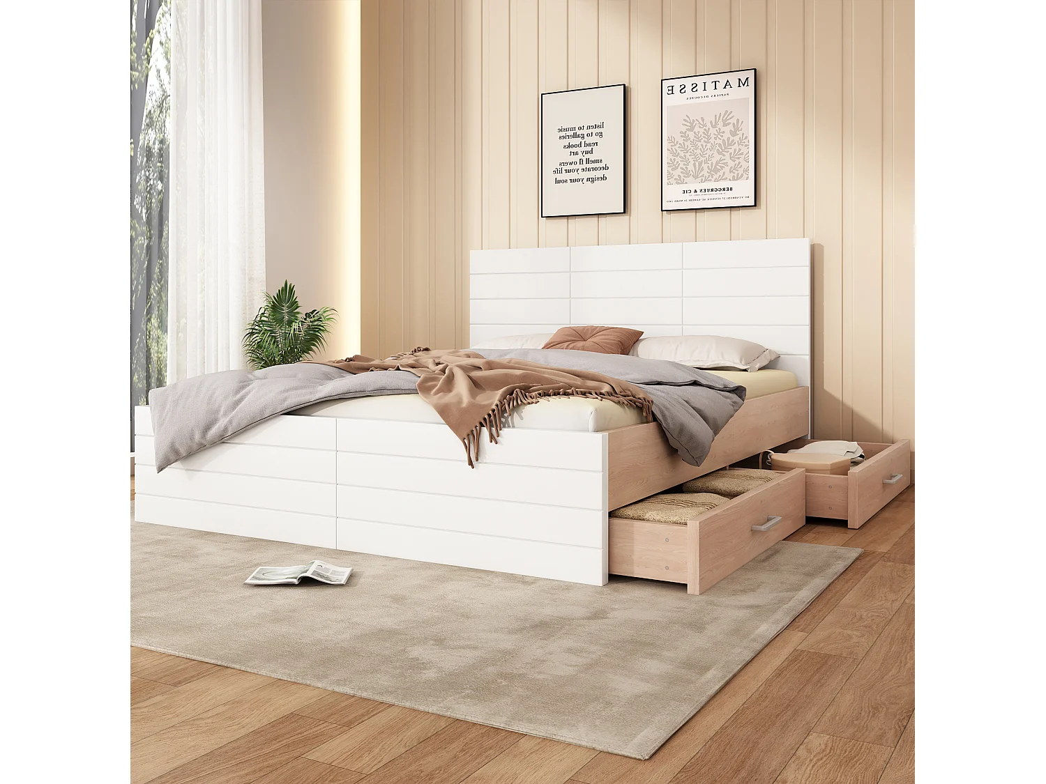 Letto 140x200 cm, 2 cassetti, testiera con lampada e USB, legno massello + MDF, bianco + rovere chiaro (207x80x145 cm)