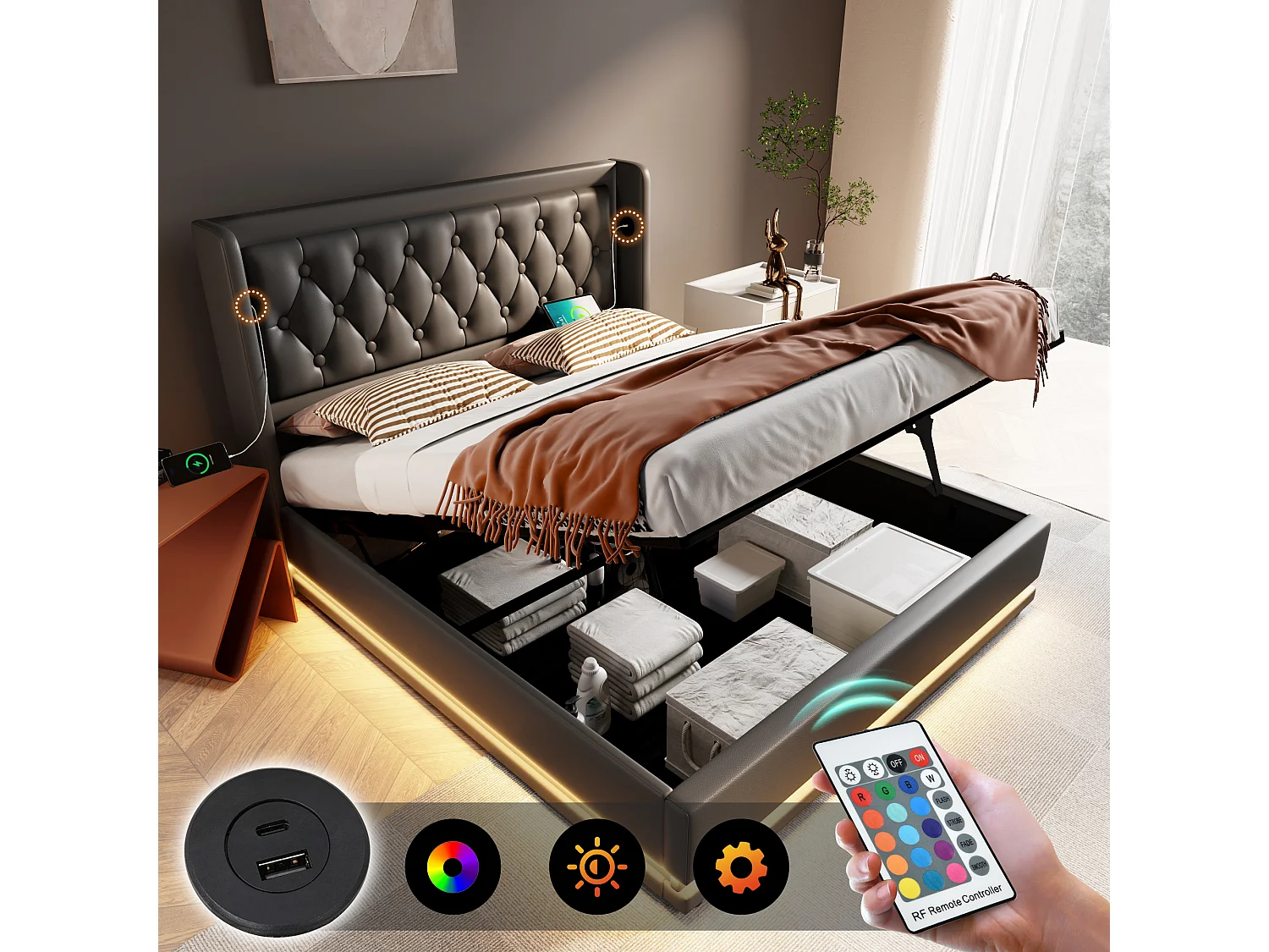 Letto matrimoniale 160\200 cm, PU nero, letto con contenitore idraulico, testiera con porte USB, illuminazione LED su 3 lati (210x170x101 cm)