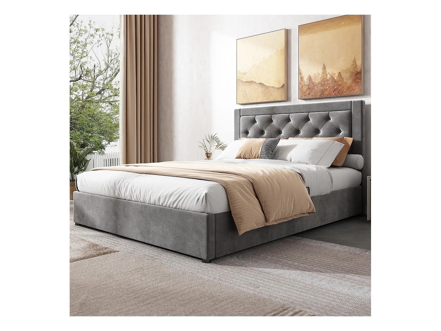 Lit capitonné avec rangement, sommier à lattes et tête de lit, Chesterfield, PU, noir (140x200 cm)