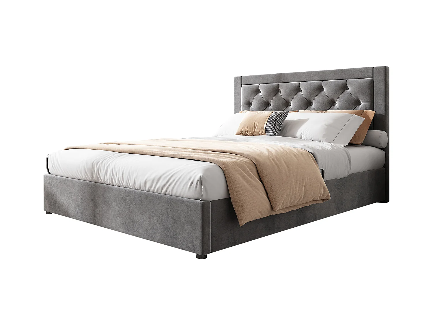 Lit capitonné avec rangement, sommier à lattes et tête de lit, Chesterfield, PU, noir (140x200 cm)