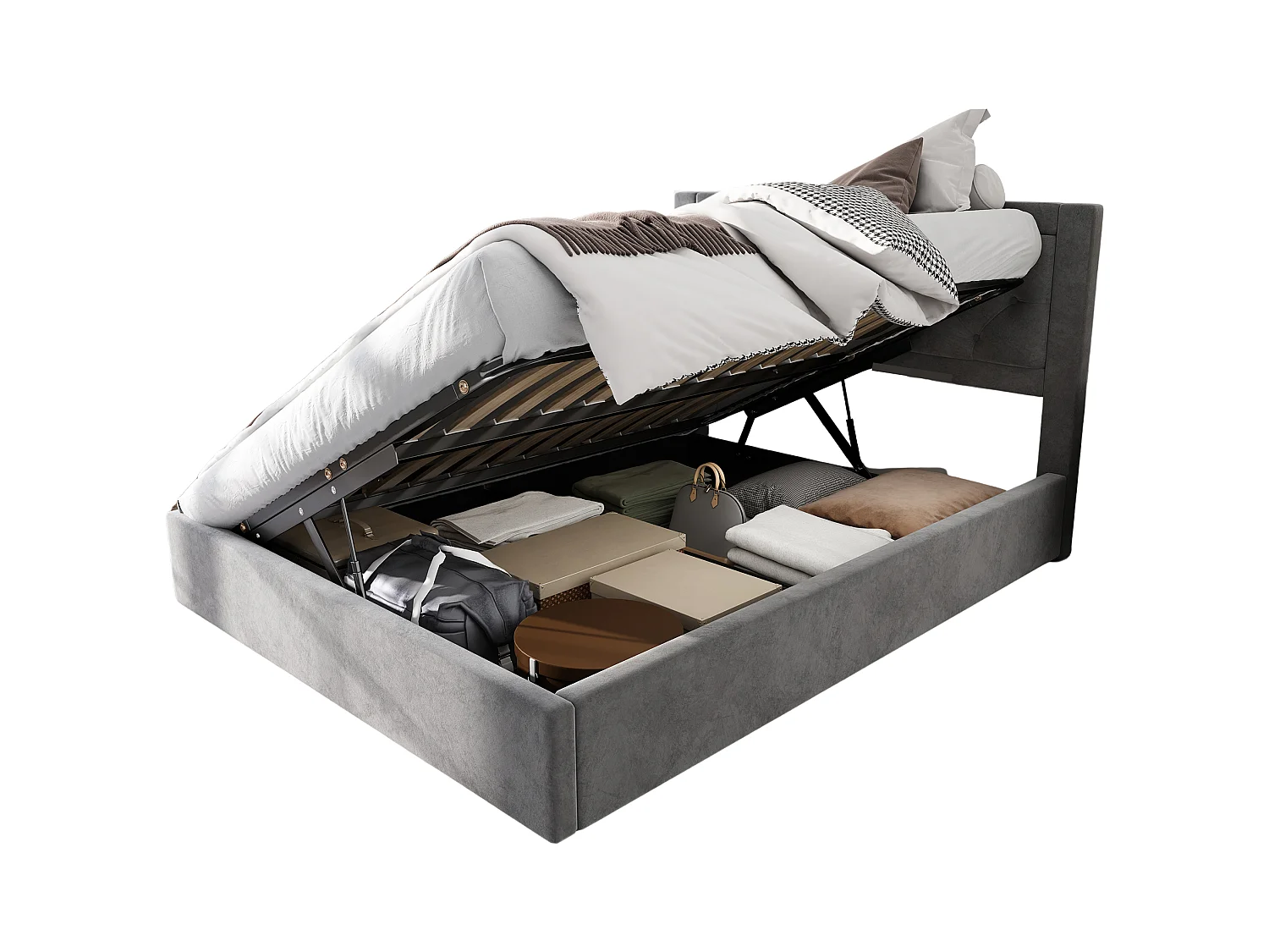 Lit capitonné avec rangement, sommier à lattes et tête de lit, Chesterfield, PU, noir (140x200 cm)