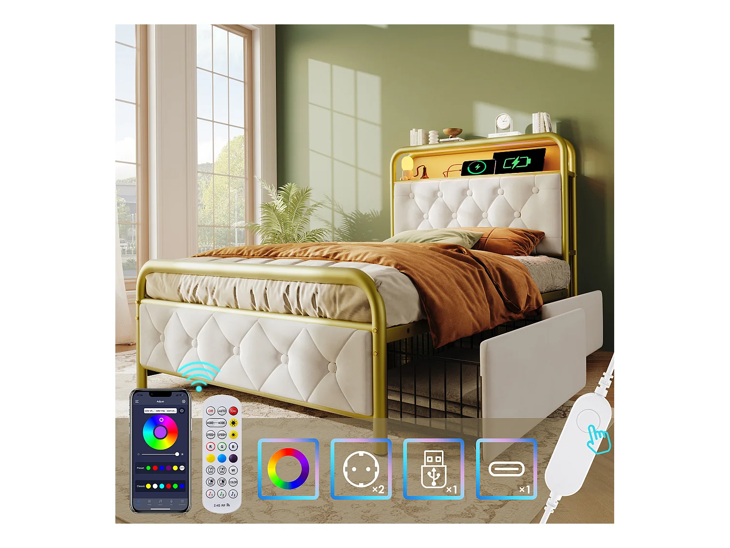 Lit simple 90x200 cm avec USB Type C, LED, 2 tiroirs et tête de lit en velours, blanc (223x94x106 cm)