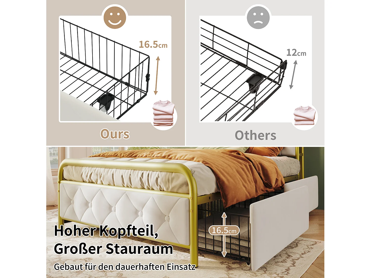 Letto singolo 90x200 cm con USB Type C, LED, 2 cassetti e testiera in velluto, bianco (223x94x106 cm)