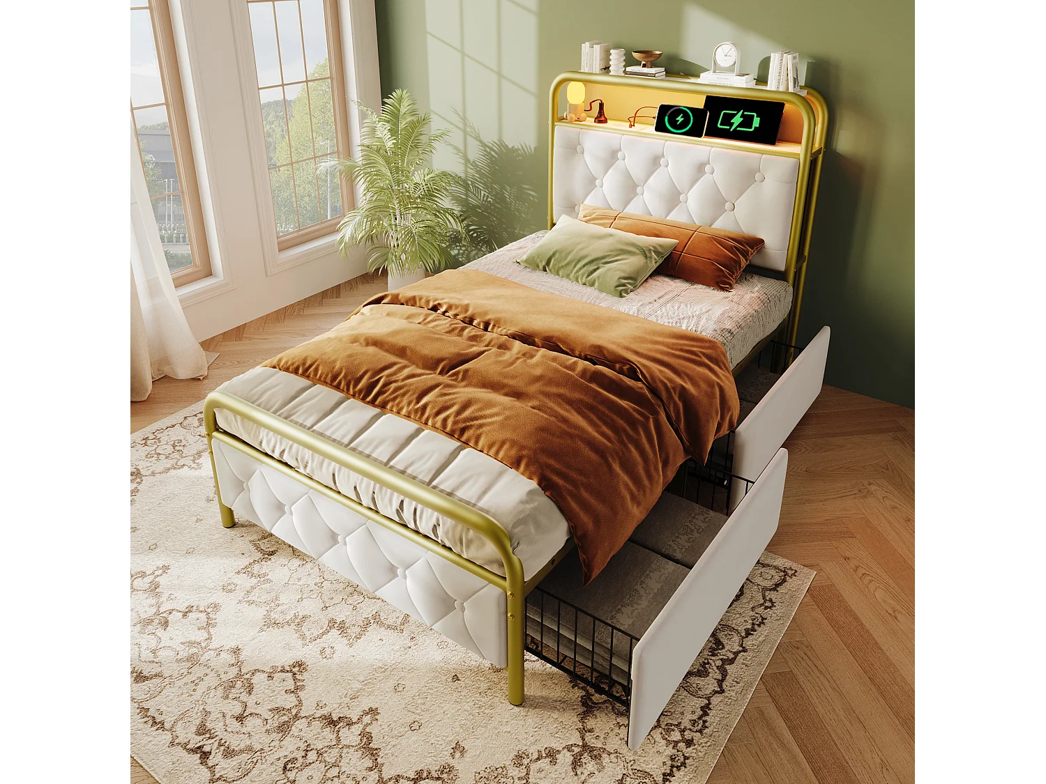 Letto singolo 90x200 cm con USB Type C, LED, 2 cassetti e testiera in velluto, bianco (223x94x106 cm)