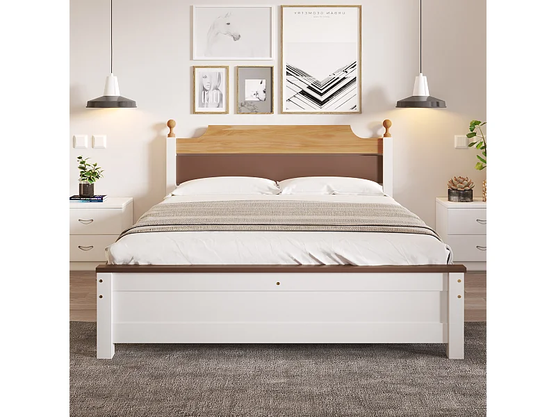 Letto matrimoniale in legno con gamba centrale, design color-block, MDF e pino, bianco, 140x200 cm (210x147,5x82,5 cm)