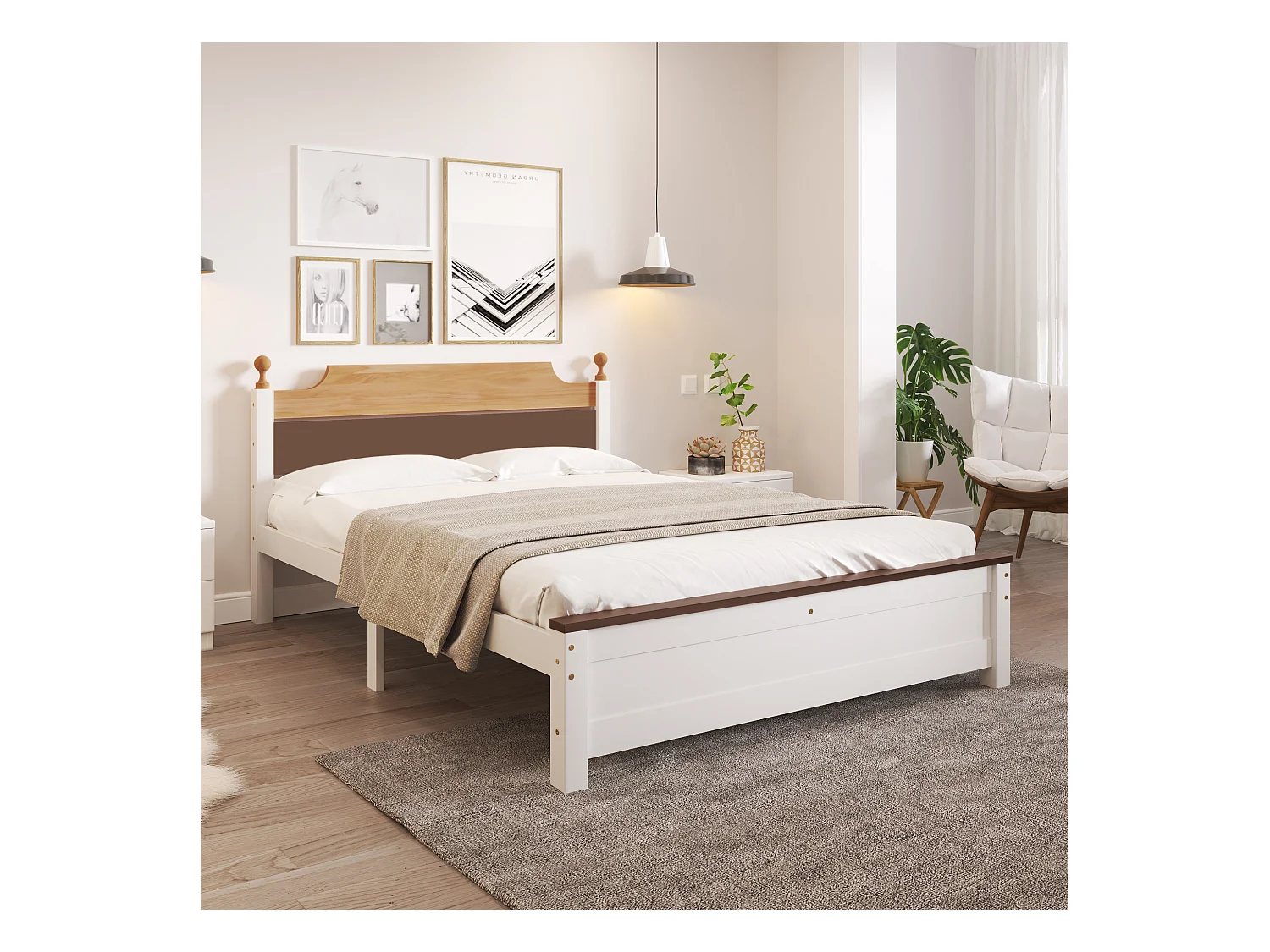 Letto matrimoniale in legno con gamba centrale, design color-block, MDF e pino, bianco, 140x200 cm (210x147,5x82,5 cm)