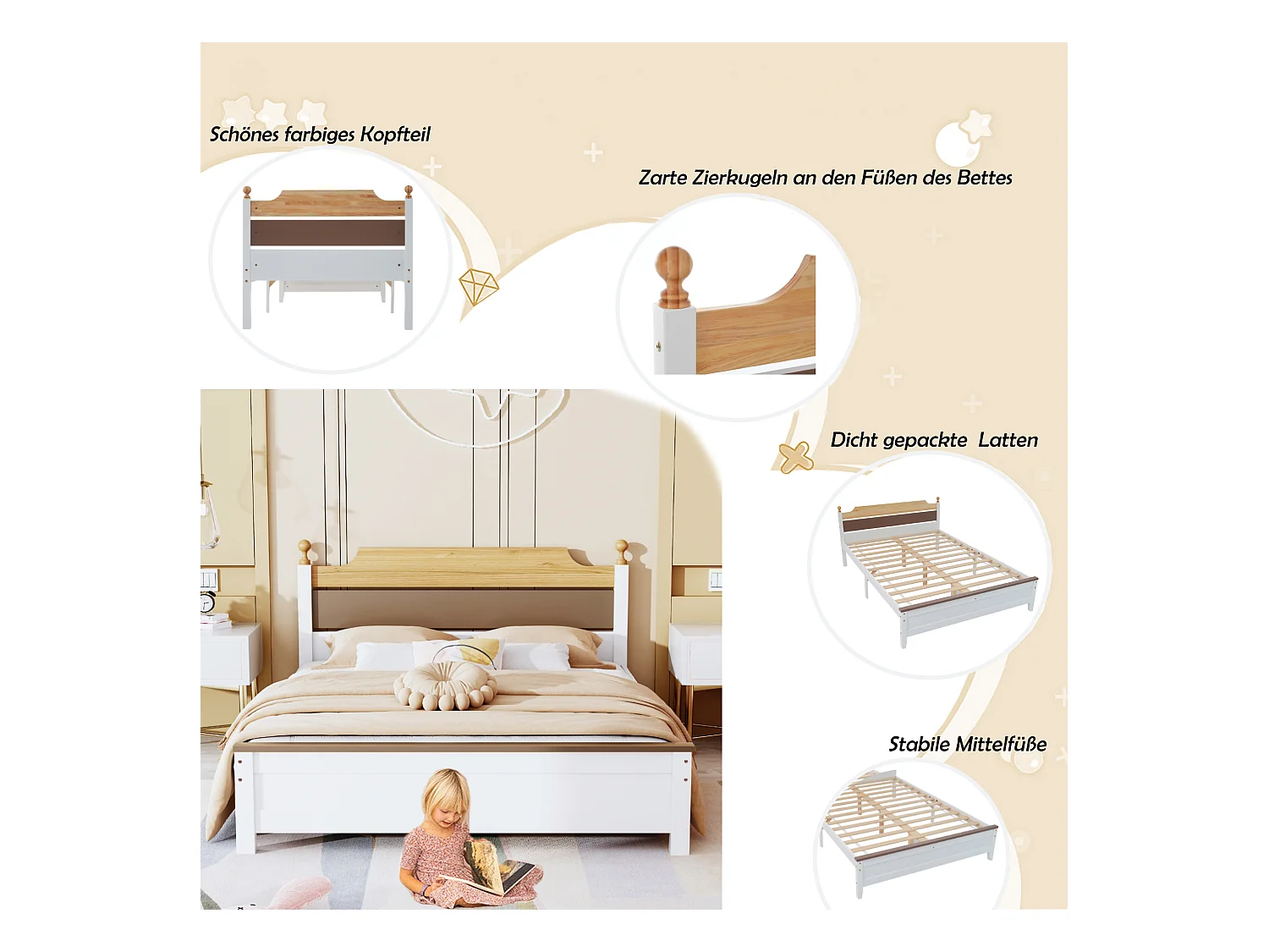 Letto matrimoniale in legno con gamba centrale, design color-block, MDF e pino, bianco, 140x200 cm (210x147,5x82,5 cm)