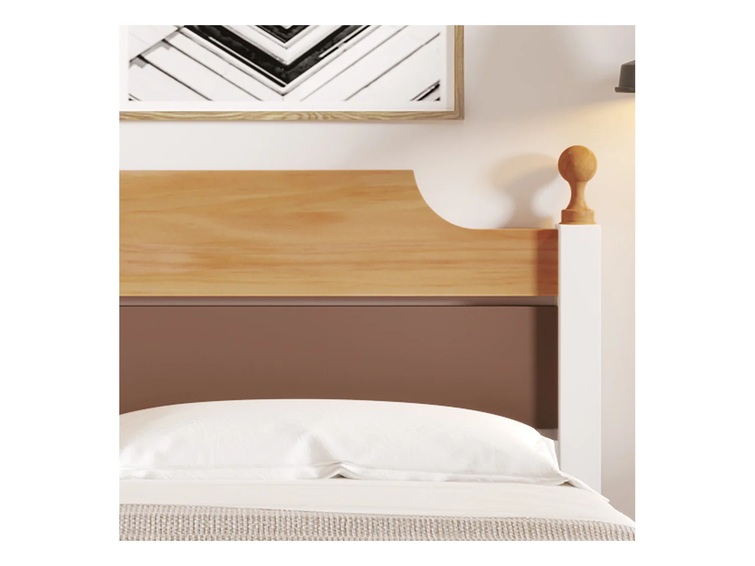 Letto matrimoniale in legno con gamba centrale, design color-block, MDF e pino, bianco, 140x200 cm (210x147,5x82,5 cm)