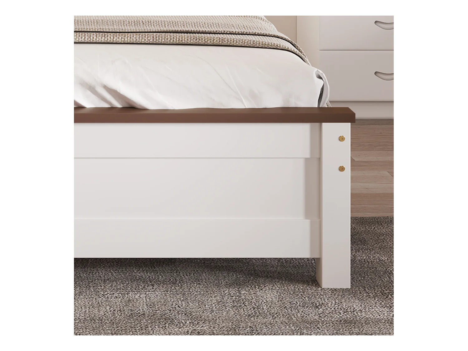 Letto matrimoniale in legno con gamba centrale, design color-block, MDF e pino, bianco, 140x200 cm (210x147,5x82,5 cm)