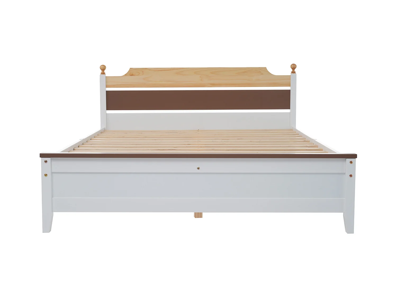 Letto matrimoniale in legno con gamba centrale, design color-block, MDF e pino, bianco, 140x200 cm (210x147,5x82,5 cm)