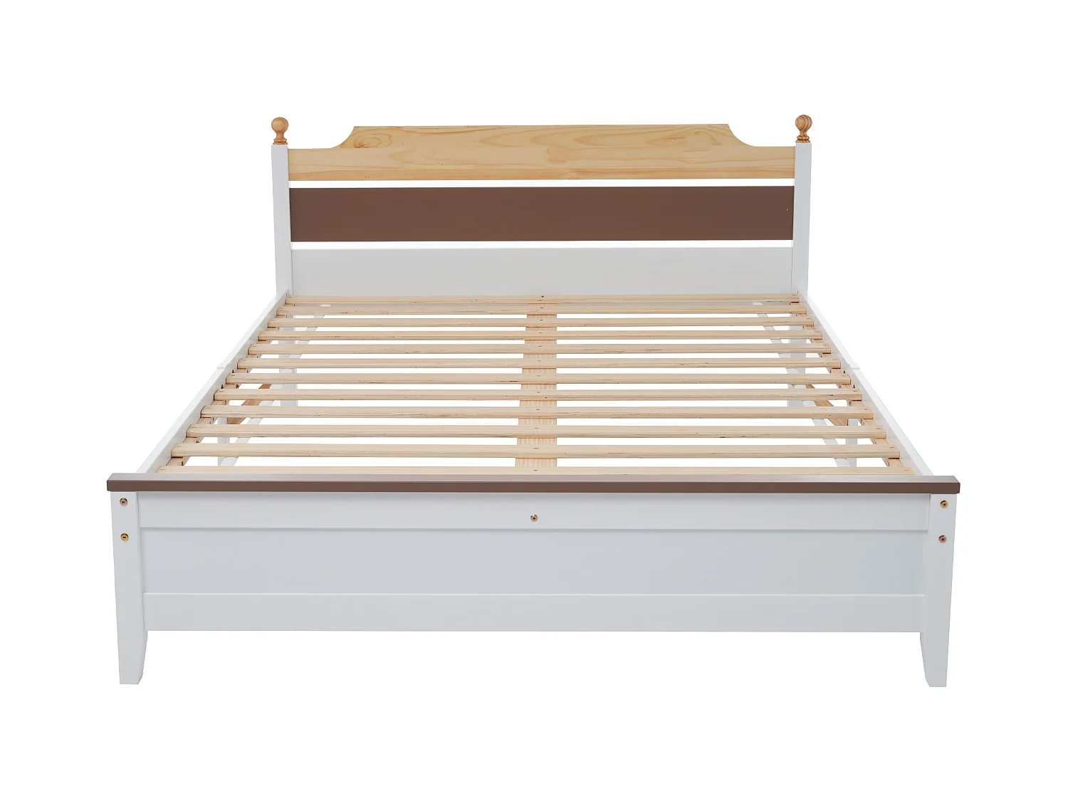 Letto matrimoniale in legno con gamba centrale, design color-block, MDF e pino, bianco, 140x200 cm (210x147,5x82,5 cm)