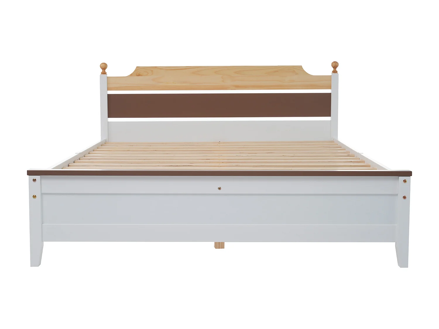 Lit double en bois avec pied central, design color-block, MDF et pin, blanc, 140x200 cm (210x147.5x82.5 cm)