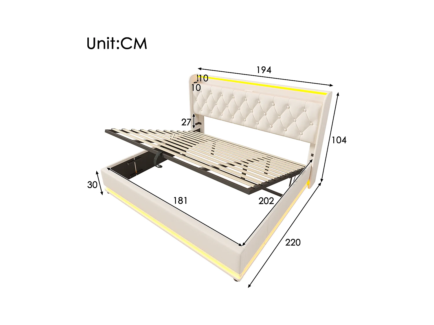 Letto matrimoniale 180x200 con LED 360°, pulsante/app/telecomando, contenitore idraulico, testiera con USB Type-C, in PU bianco (senza materasso)