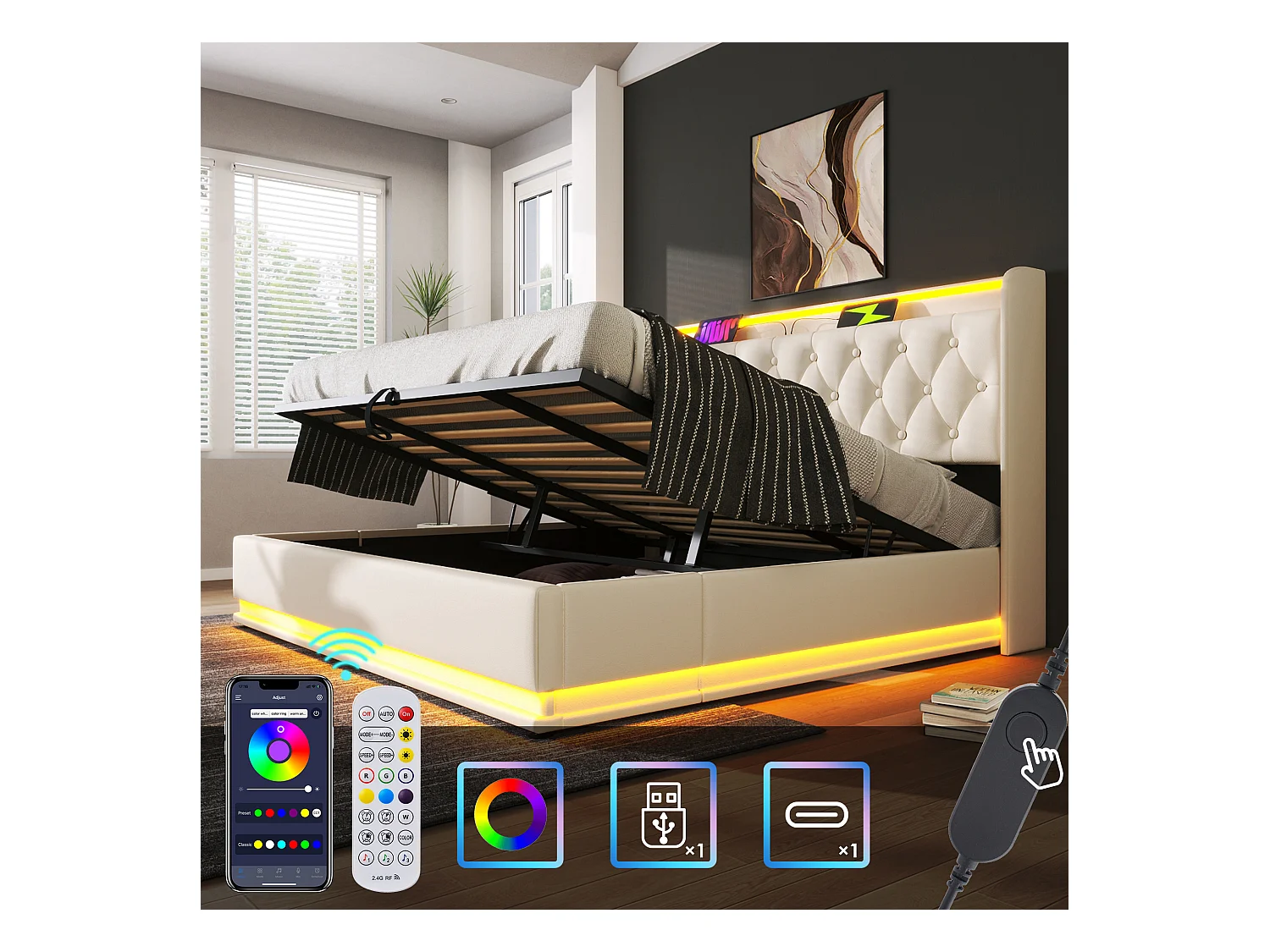 Letto matrimoniale 180x200 con LED 360°, pulsante/app/telecomando, contenitore idraulico, testiera con USB Type-C, in PU bianco (senza materasso)