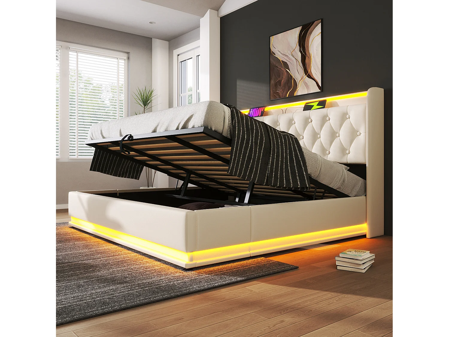 Letto matrimoniale 180x200 con LED 360°, pulsante/app/telecomando, contenitore idraulico, testiera con USB Type-C, in PU bianco (senza materasso)