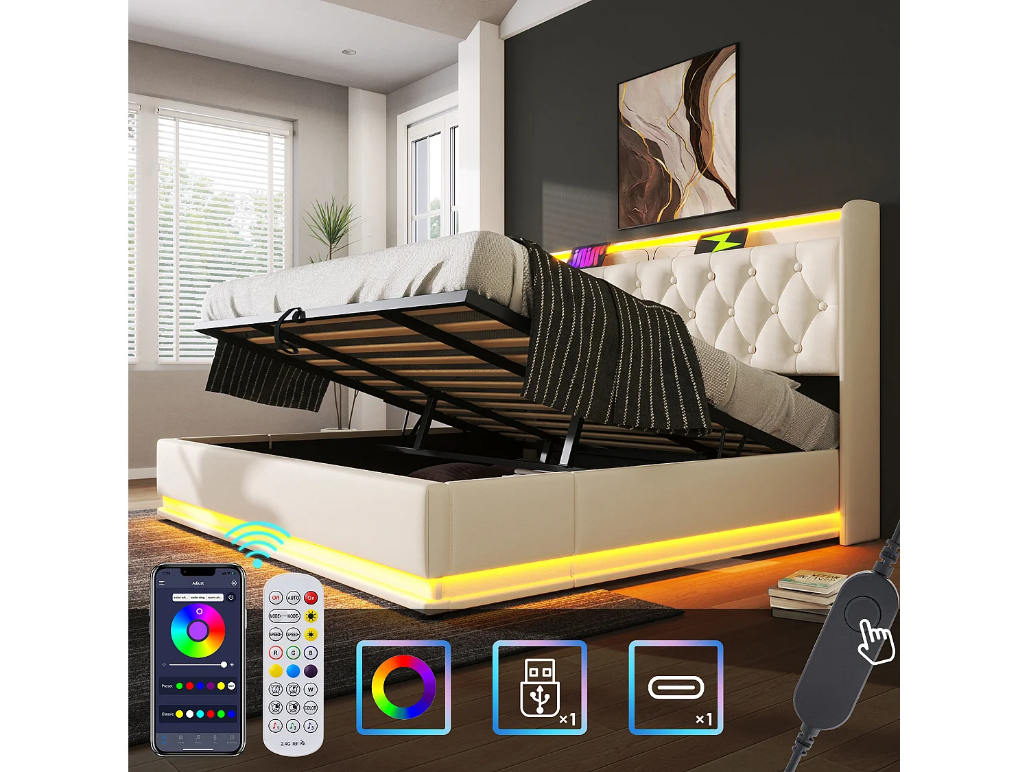 Letto matrimoniale 180x200 con LED 360°, pulsante/app/telecomando, contenitore idraulico, testiera con USB Type-C, in PU bianco (senza materasso)