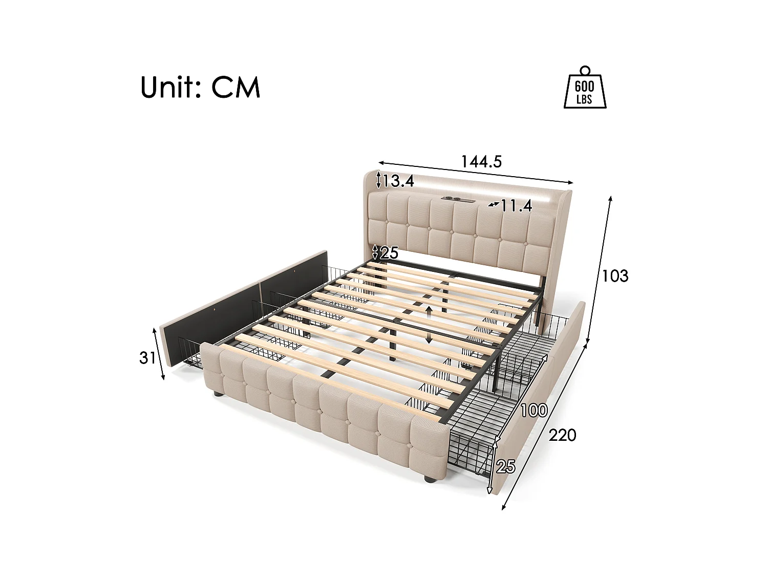 Lit tapissé LED avec recharge USB, 4 tiroirs, bois, beige (144.5x220x103.5cm)