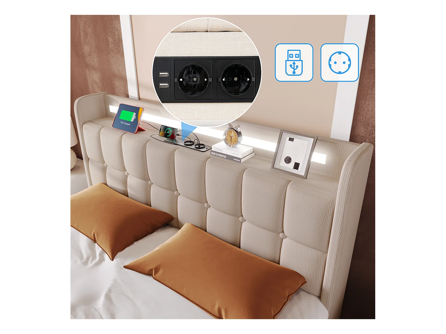 Lit tapissé LED avec recharge USB, 4 tiroirs, bois, beige (144.5x220x103.5cm)