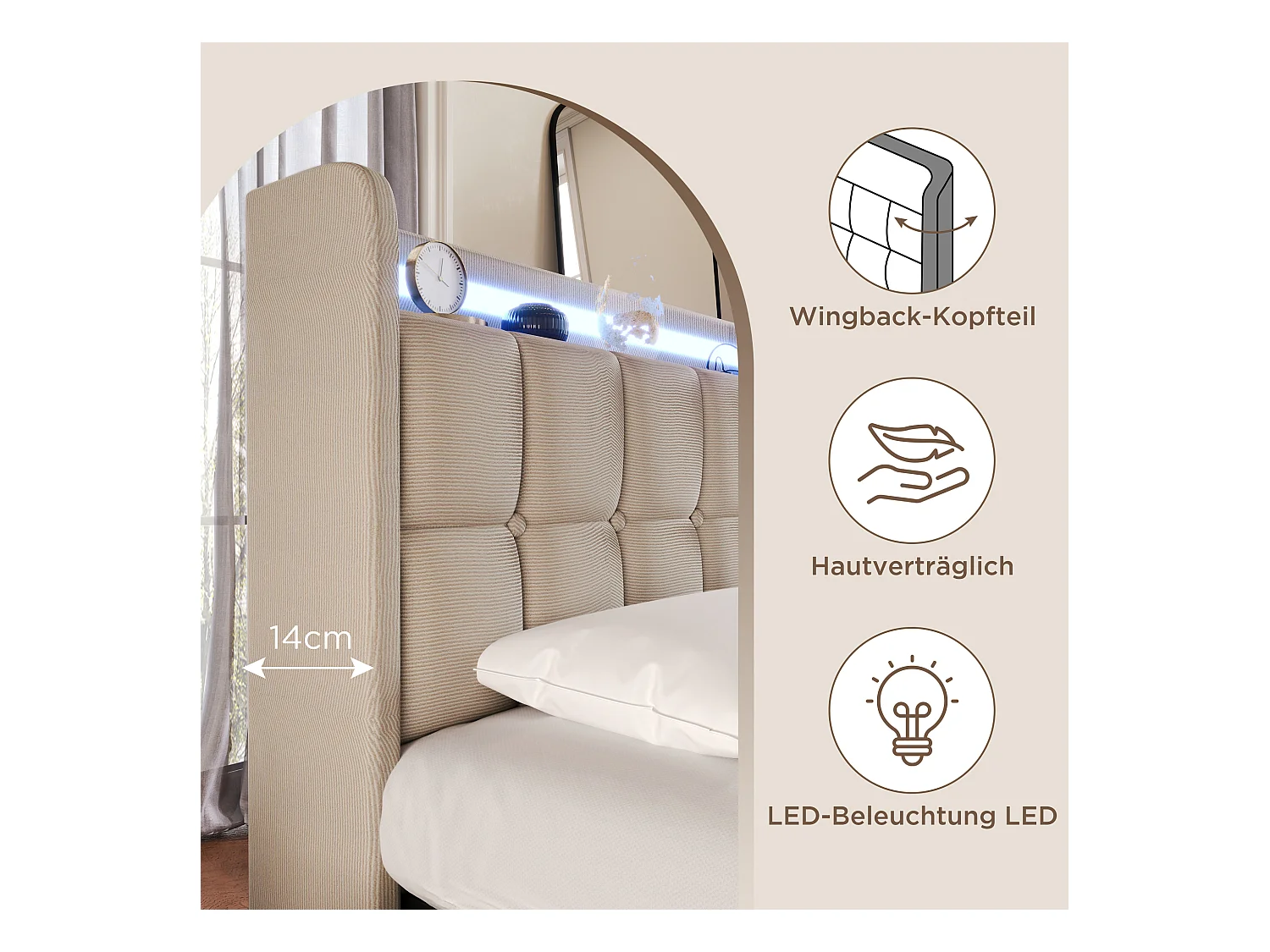 Lit tapissé LED avec recharge USB, 4 tiroirs, bois, beige (144.5x220x103.5cm)