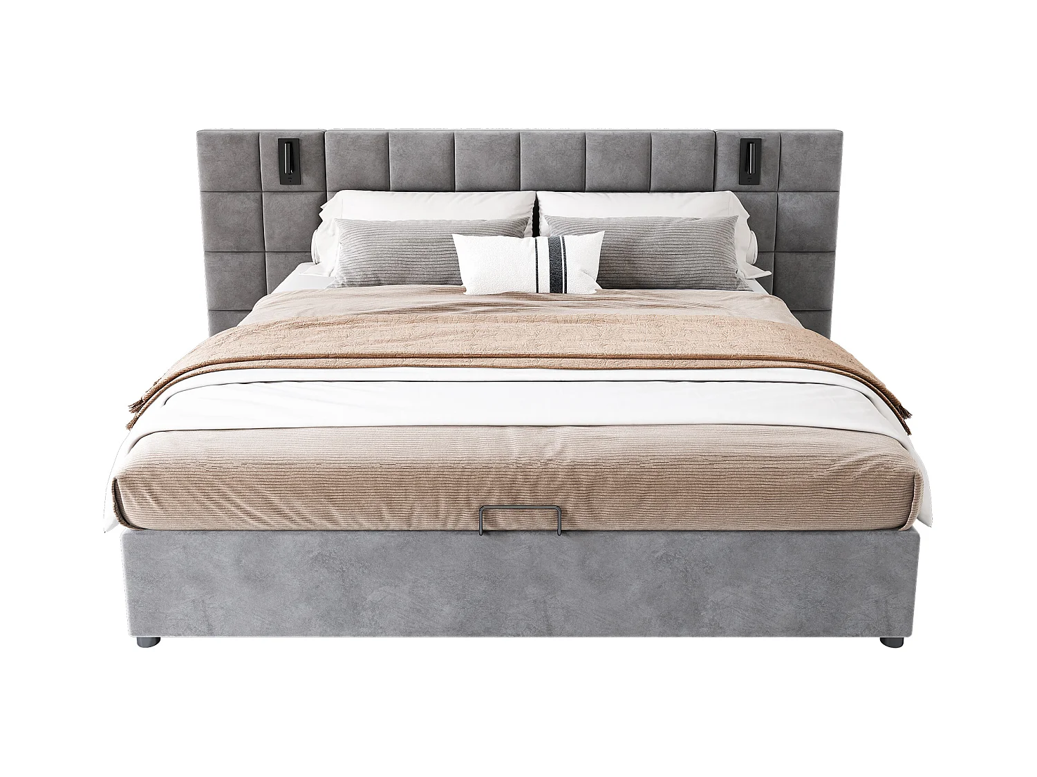 Lit capitonné 180x200 cm, avec lampe directionnelle et chargement USB, cadre en métal, tissu velours gris (180x200 cm)