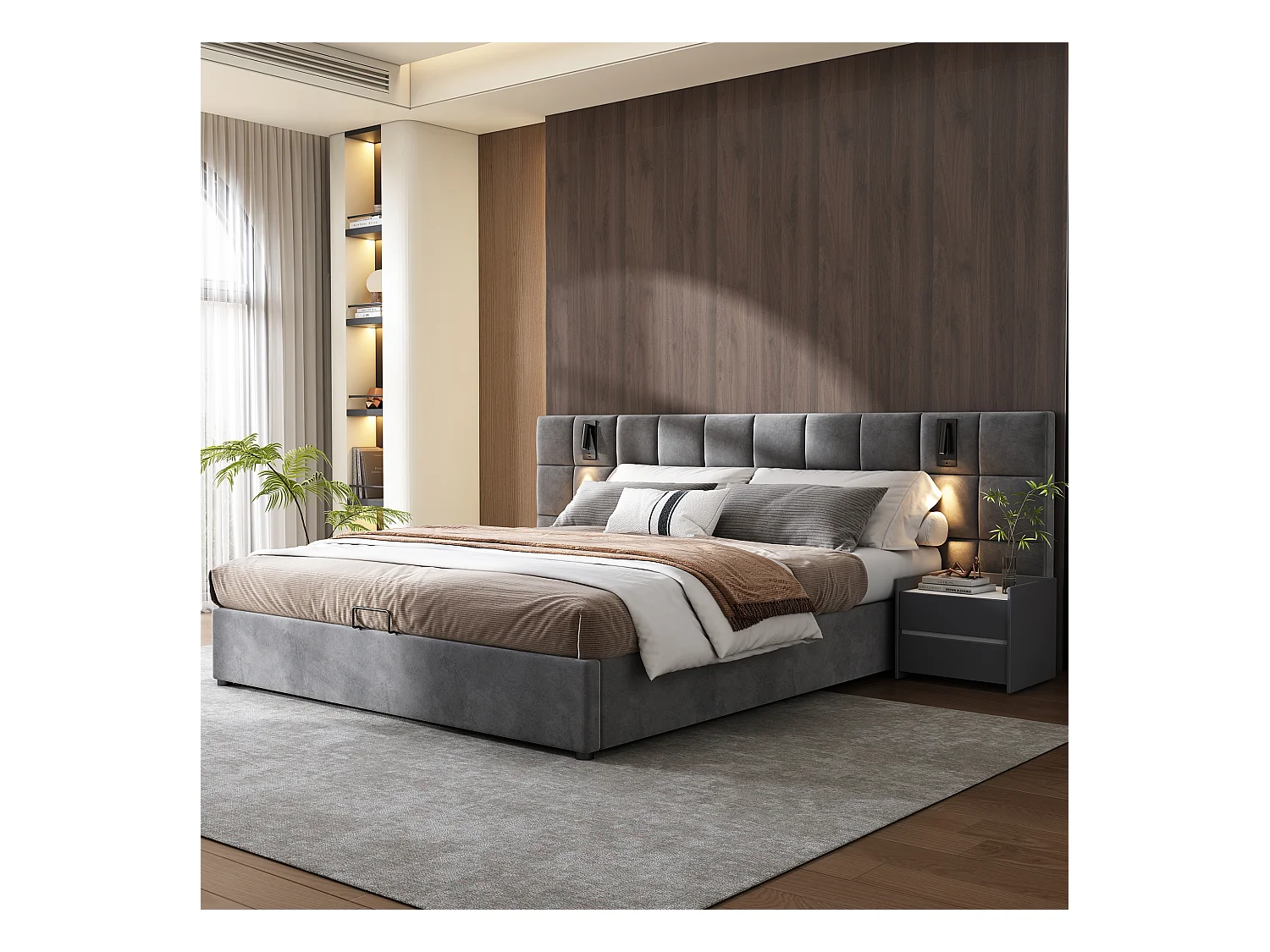 Lit capitonné 180x200 cm, avec lampe directionnelle et chargement USB, cadre en métal, tissu velours gris (180x200 cm)