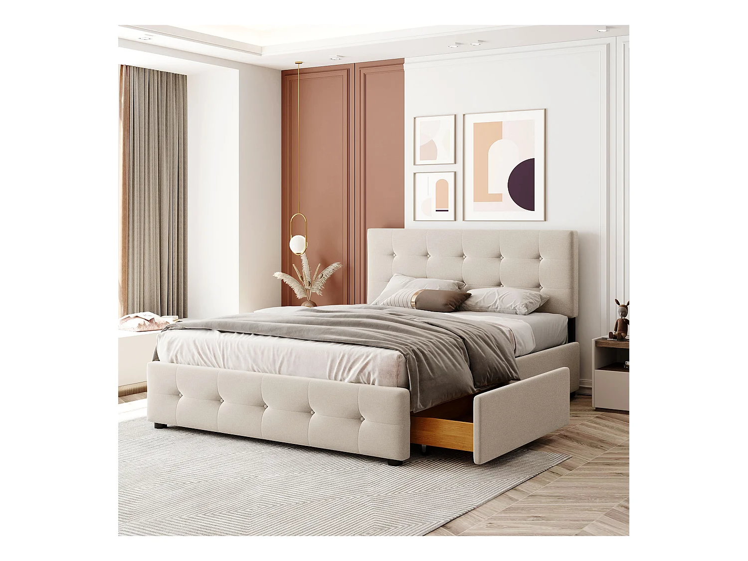 Lit double 140 x 200 cm, cadre avec 4 tiroirs, tête de lit rembourrée et sommier à lattes, lit en velours doux, couleur beige (206x150x110.5 cm)