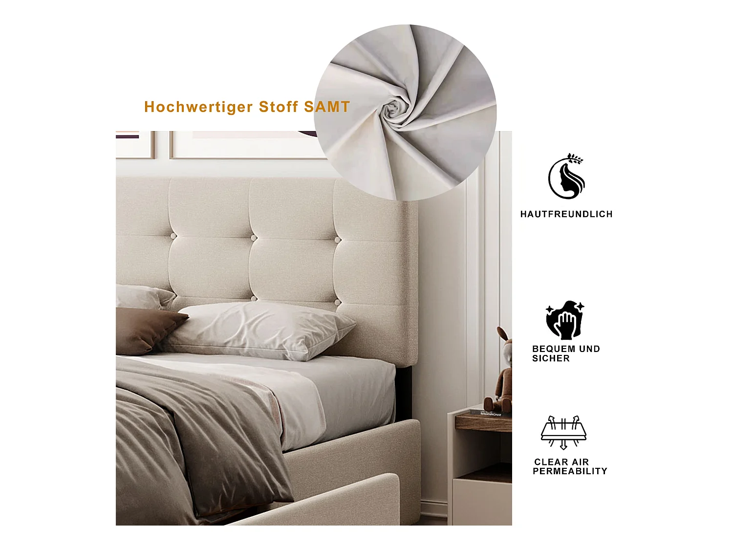 Lit double 140 x 200 cm, cadre avec 4 tiroirs, tête de lit rembourrée et sommier à lattes, lit en velours doux, couleur beige (206x150x110.5 cm)