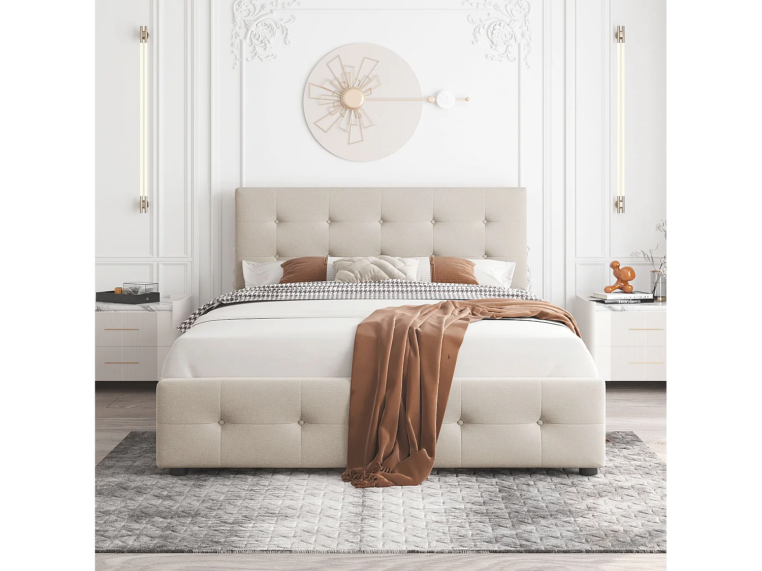 Lit double 140 x 200 cm, cadre avec 4 tiroirs, tête de lit rembourrée et sommier à lattes, lit en velours doux, couleur beige (206x150x110.5 cm)