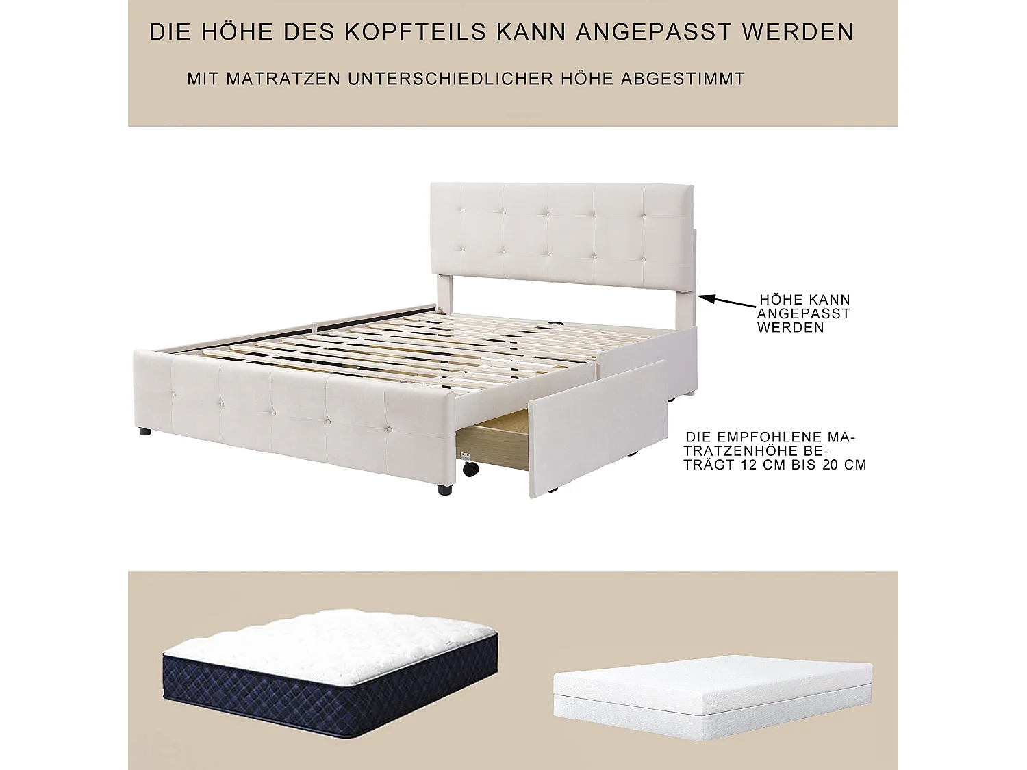 Lit double 140 x 200 cm, cadre avec 4 tiroirs, tête de lit rembourrée et sommier à lattes, lit en velours doux, couleur beige (206x150x110.5 cm)