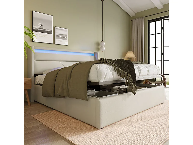 Lit double hydraulique avec rangement et LED, 160x200 cm, cadre en PU, gris clair (dimensions : 203x171x110 cm) - avec matelas