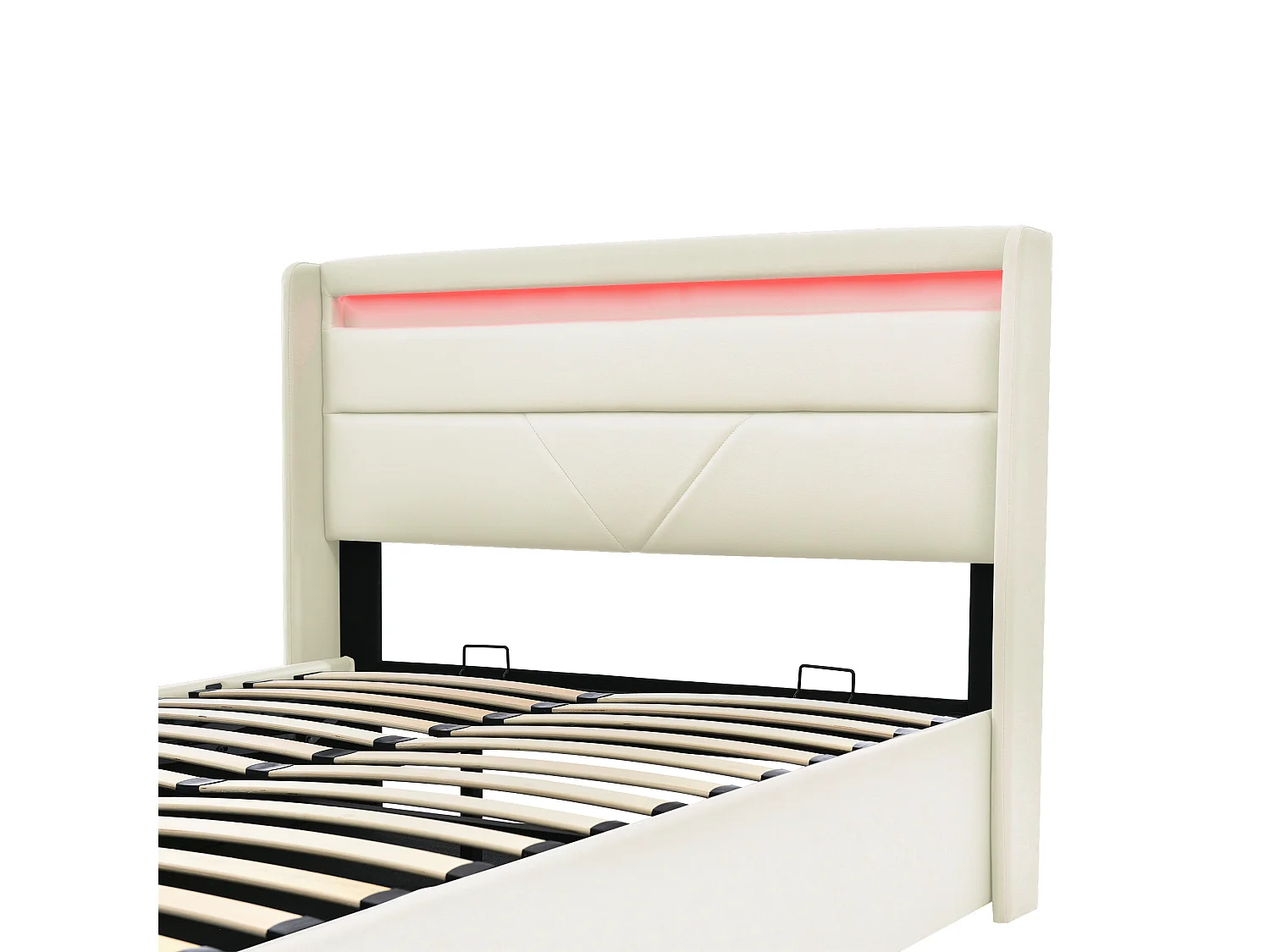 Lit double hydraulique avec rangement et LED, 160x200 cm, cadre en PU, gris clair (dimensions : 203x171x110 cm) - avec matelas