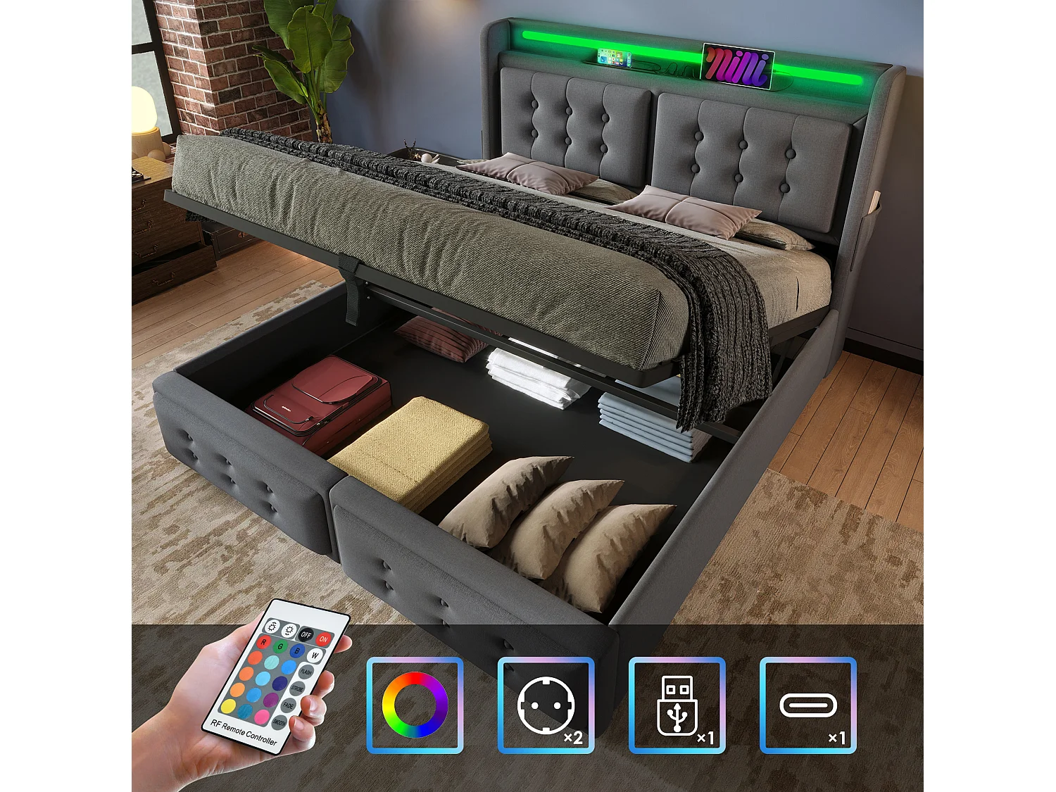 Lit double 160x200 cm avec tête de lit LED et port USB-C, lit hydraulique avec sommier en bois et cadre métallique, capacité 300 kg, gris, coton (avec matelas)