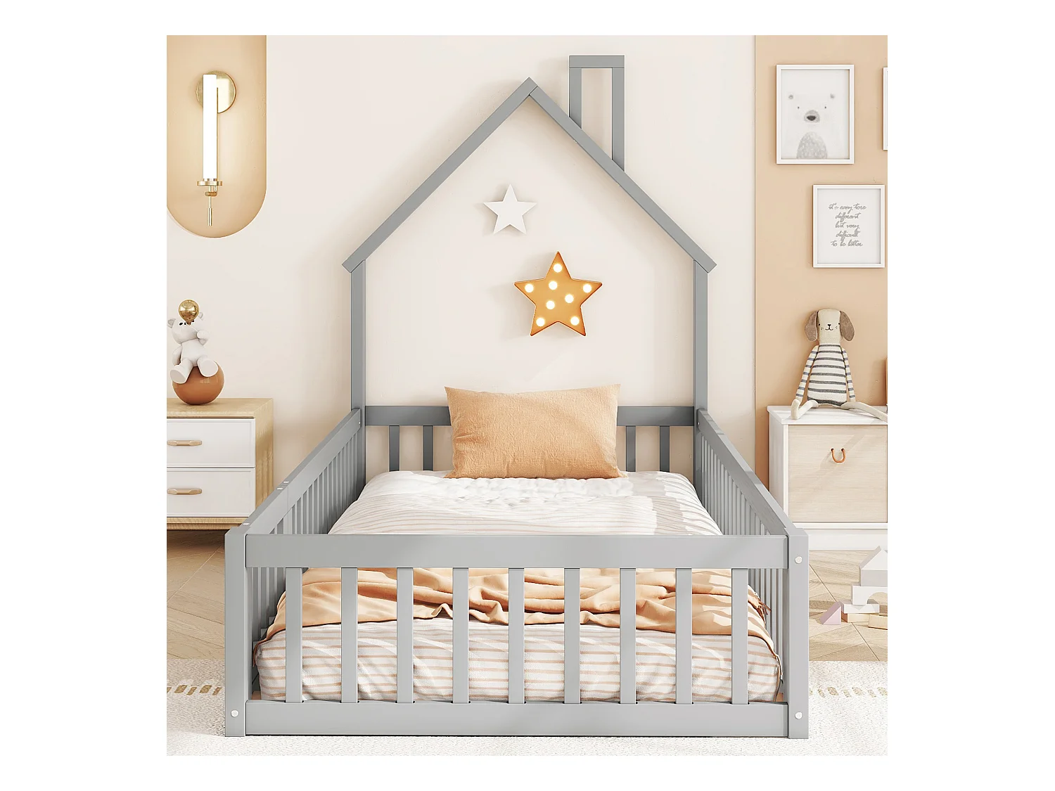 Lit maison 90x200 cm, lit pour enfant avec barrières, bois de pin, gris, design minimaliste (205x95x138.7 cm)
