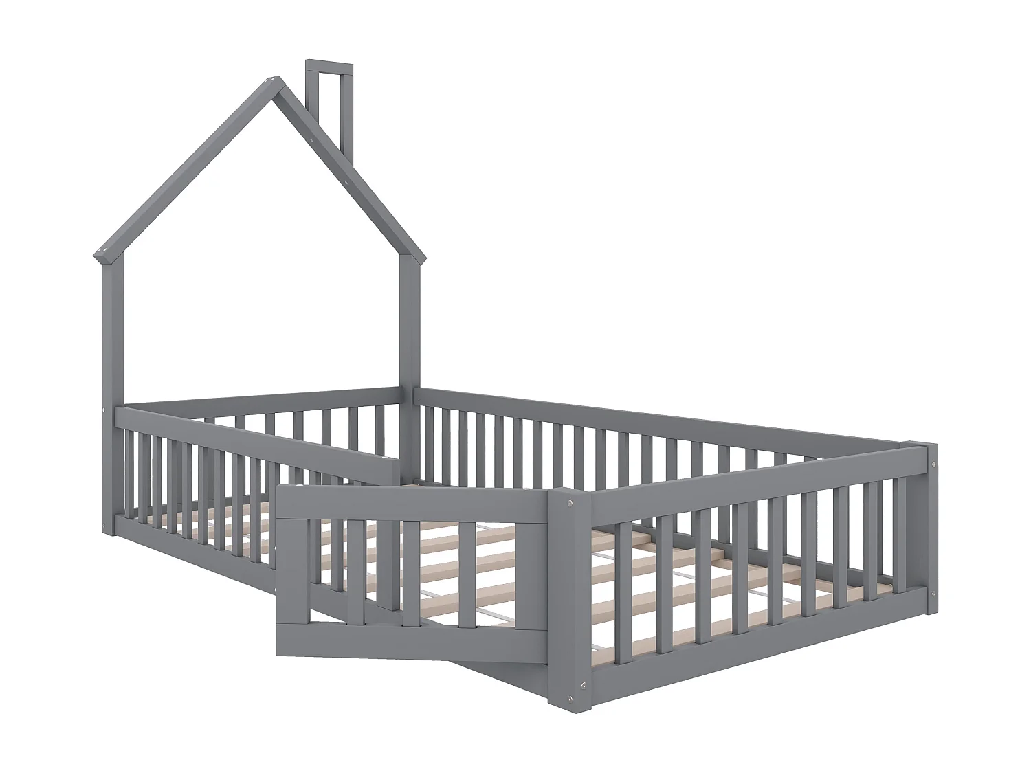 Lit maison 90x200 cm, lit pour enfant avec barrières, bois de pin, gris, design minimaliste (205x95x138.7 cm)