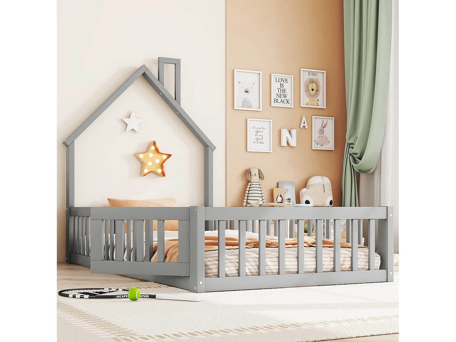 Huisbed 90x200 cm, kinderbed met spijlen, grenenhout, grijs, minimalistisch design (205x95x138,7 cm)