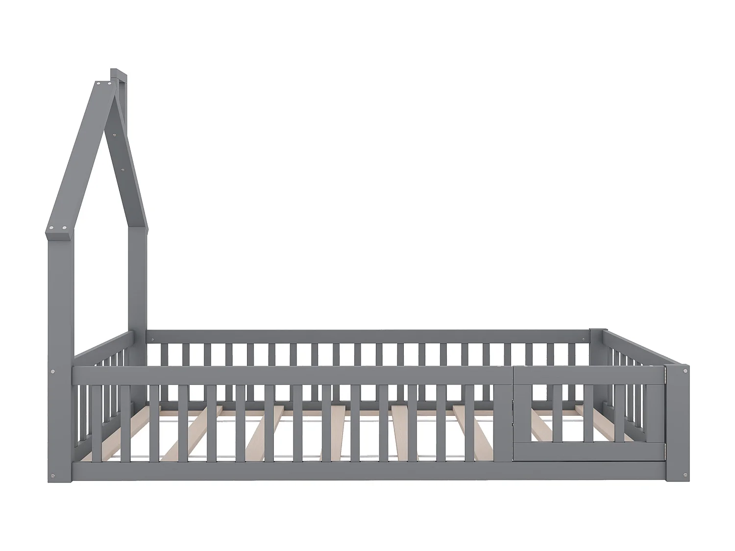 Huisbed 90x200 cm, kinderbed met spijlen, grenenhout, grijs, minimalistisch design (205x95x138,7 cm)