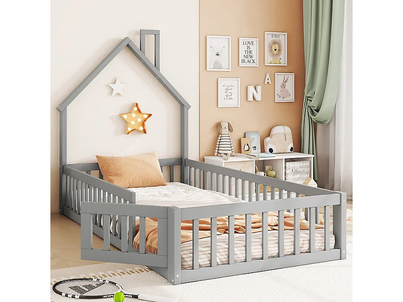 Huisbed 90x200 cm, kinderbed met spijlen, grenenhout, grijs, minimalistisch design (205x95x138,7 cm)