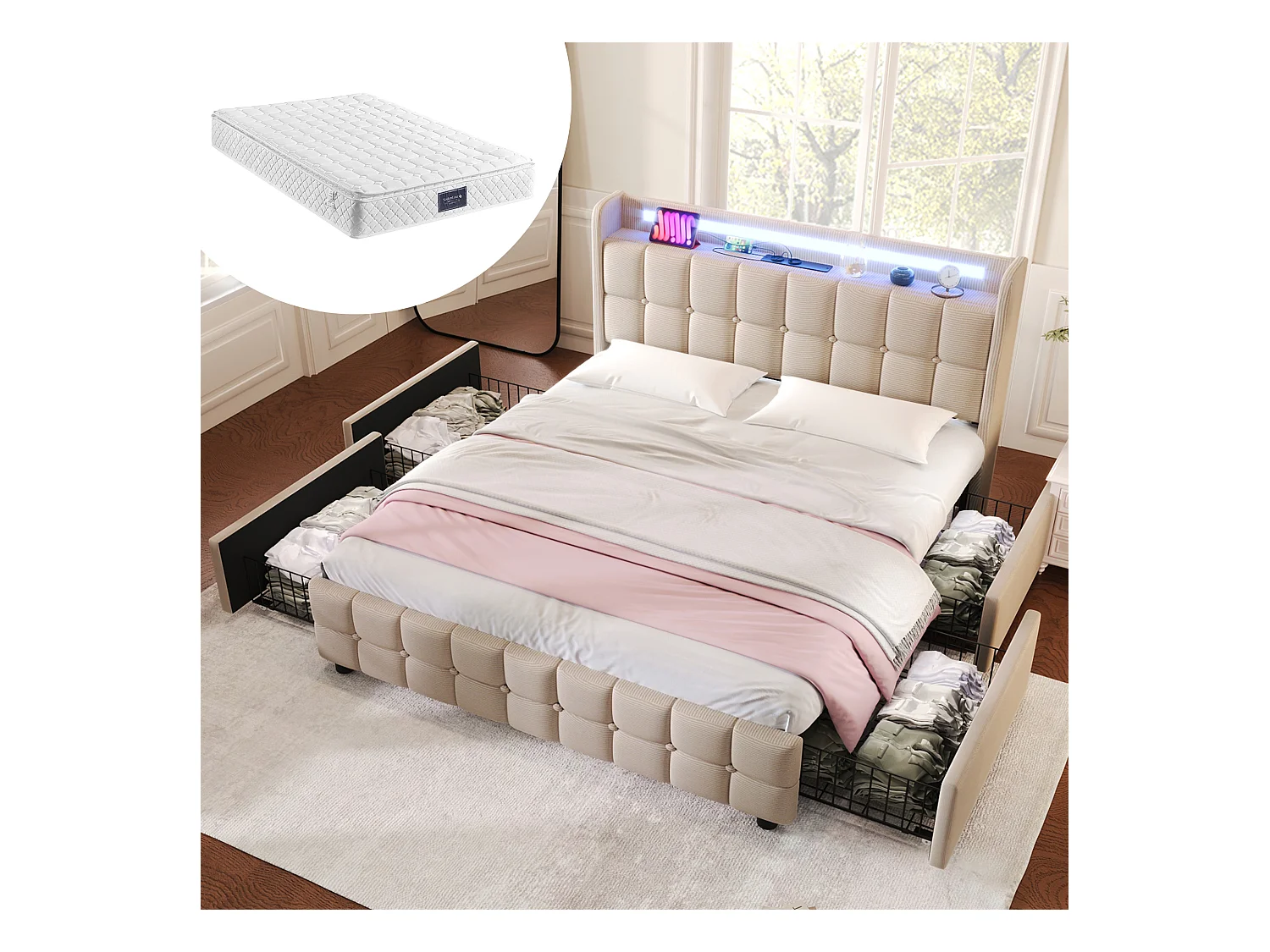 Lit tapissé avec recharge USB, LED, 4 tiroirs, bois, beige (144.5x220x103.5cm)