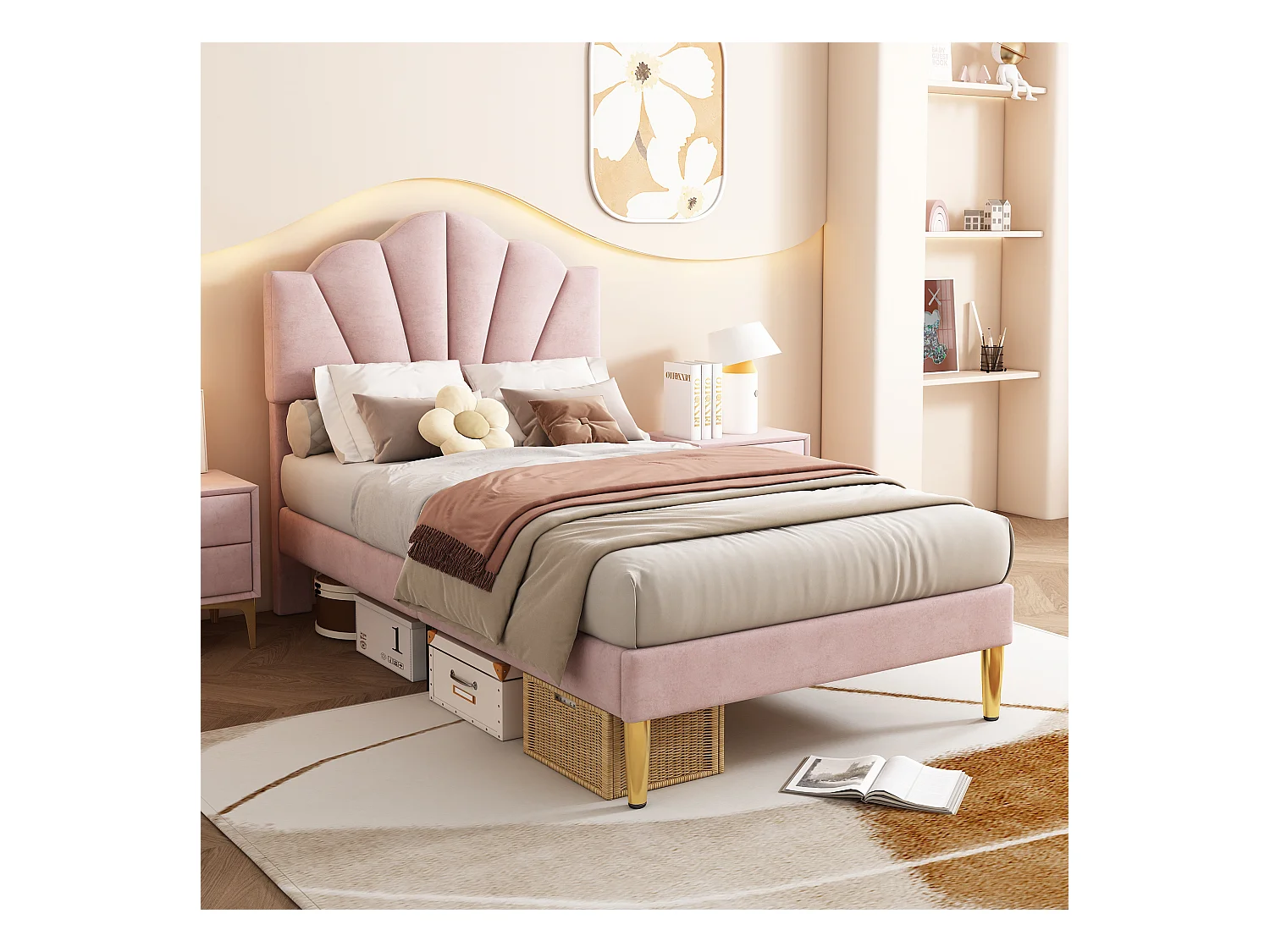 Fluwelen bed, 90x200 cm, schelpdesign met gouden ijzeren poten, verstelbaar hoofdeinde, houten lattenbodem, roze